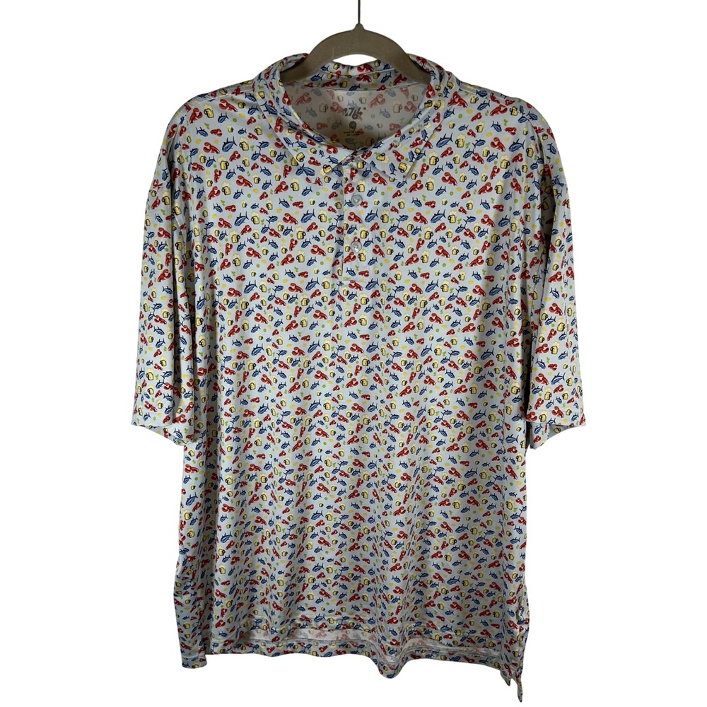 1764 Mens 2XL Golf Polo Shirt‎ Lobster Fish Beer Mug Novelty Print Performance